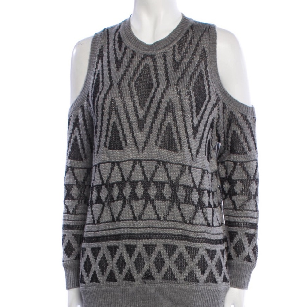 Rebecca Minkoff Gray Off-the-Shoulder Sweater with Geometric Pattern
